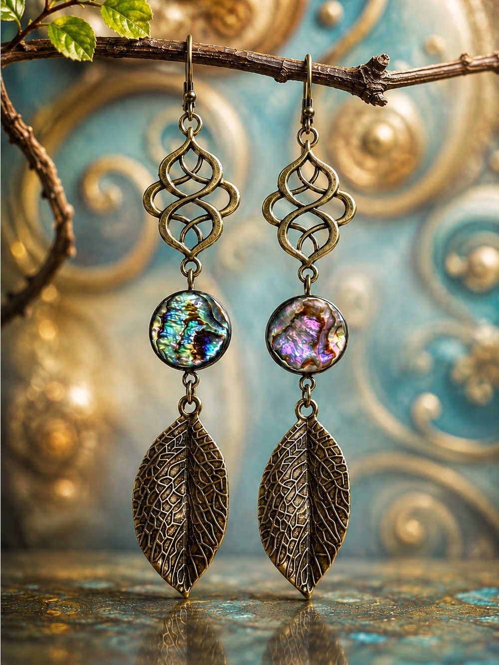 Abalone Leaf Dangle Earrings Bronze Art Nouveau Boho Artisan